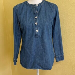 Talbots Classic Blue Denim Blouse with Floral Accents